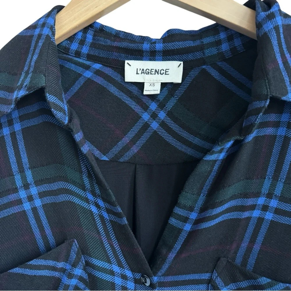 L'AGENCE Black and Blue Plaid Button-Down Shirt - Picture 2 of 5